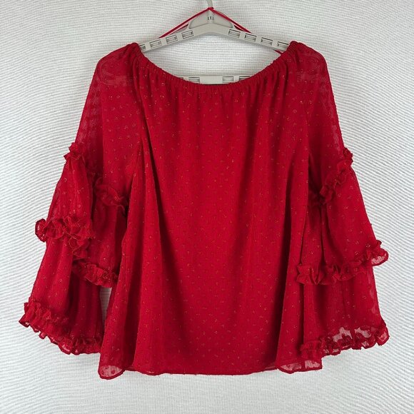 SAM & JESS Tops - SAM &JESS RED OFF THE SHOULDER BLOUSE RUFFLED SHEER SWISS-DOT SLEEVES, SIZE S